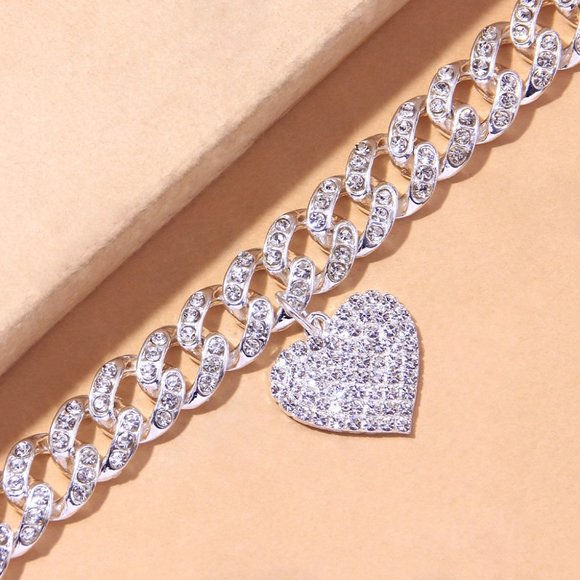Chunky Miami Heart Shaped Cuban Link Foot Chain Anklet Bracelet Rhinestone - Picture 4 of 6